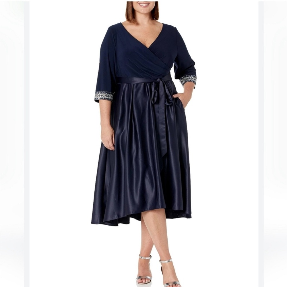 Elegant Navy V-Neck Satin Midi Dress with Embellished Cuffs